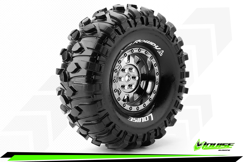 Louise RC-CR-ROWDY-1-10 Crawler Tire Set-Mounted-Super Soft-Black Chrome 1.9 Wheels-Hex 12mm