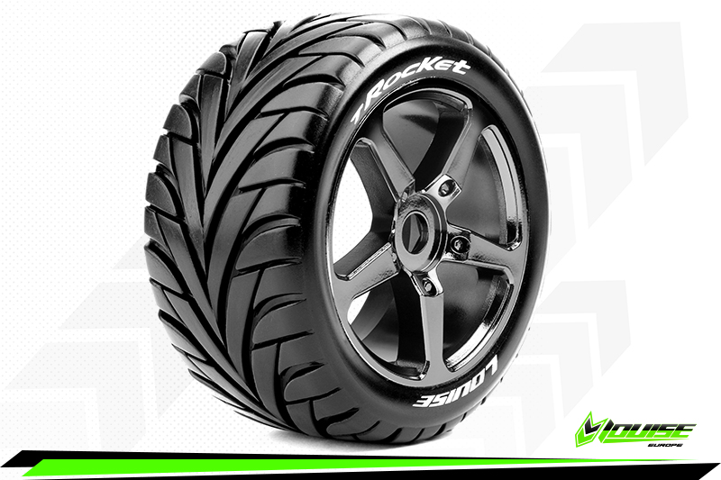Louise RC-T-ROCKET-1-8 Truggy Tire Set-Mounted-Soft-Black-Chrome Spoke Wheels-0-Offset-Hex 17mm